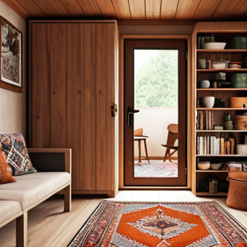 Home 15 **
"Cozy, well-organized micro home interior. Multipurpose furniture, vertical storage solutions, natural light. Warm, inviting atmosphere. Turkish rug detail."
**
