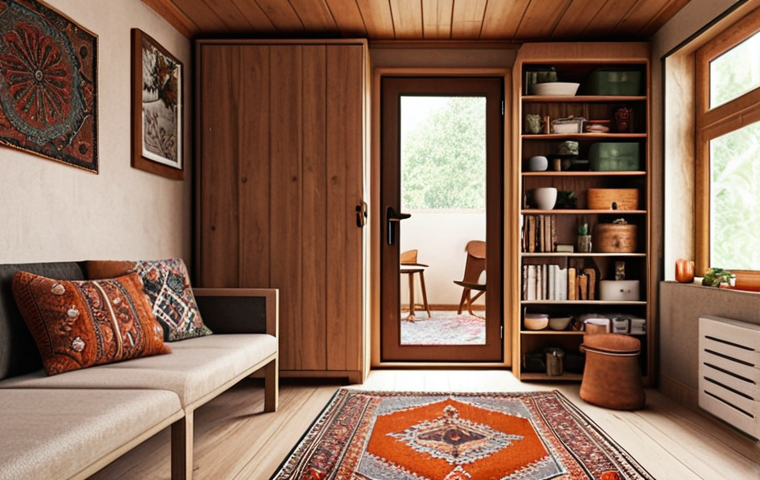 **

"Cozy, well-organized micro home interior. Multipurpose furniture, vertical storage solutions, natural light. Warm, inviting atmosphere. Turkish rug detail."

**