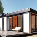 A sleek, modern micro-home bathed in sunlight, showcasing efficient design with visible solar panels on the roof. Inside, bright, energy-efficient LED lighting illuminates a cozy, minimalist living space, with a smart thermostat on the wall, embodying energy independence and comfort.