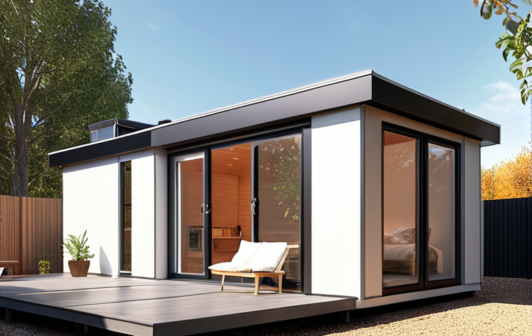 A sleek, modern micro-home bathed in sunlight, showcasing efficient design with visible solar panels on the roof. Inside, bright, energy-efficient LED lighting illuminates a cozy, minimalist living space, with a smart thermostat on the wall, embodying energy independence and comfort.