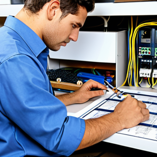 Home 7 A focused professional, fully clothed in a modest, practical work shirt and trousers, meticulously reviewing a detailed electrical wiring diagram on a clean workbench inside a modern, compact micro home. The setting is organized, with various electrical tools, spools of wire, and a small, neatly labeled fuse box visible in the background. The individual's well-formed hands are precisely positioned over the diagram, emphasizing careful planning and safety. The lighting is bright and even, highlighting the technical details. Perfect anatomy, correct proportions, natural pose, proper finger count. safe for work, appropriate content, fully clothed, professional dress, appropriate attire.