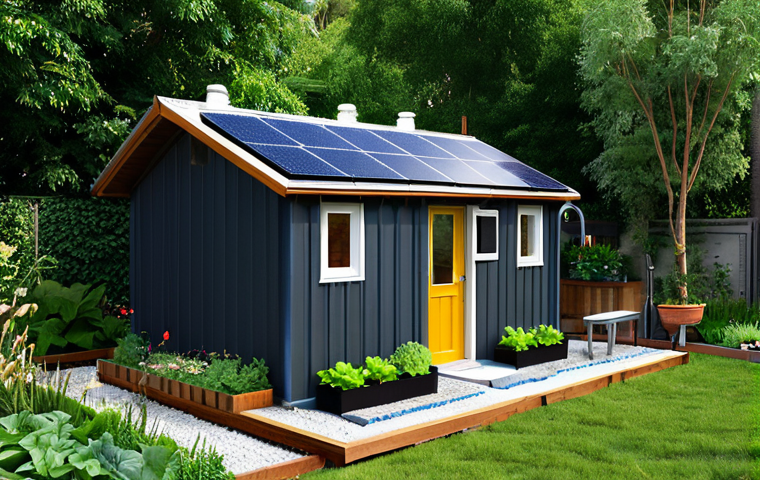 Sustainable Tiny Home**
"A cozy, modern tiny home nestled in a lush green garden, fully clothed person tending a small vegetable patch, solar panels on the roof, rainwater harvesting system visible, composting toilet sign discreetly placed, warm natural lighting, safe for work, appropriate content, fully clothed, modest, sustainable living, perfect anatomy, correct proportions, natural pose, professional photography, high quality."
**