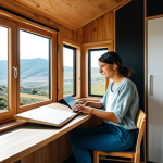 **

A woman in her late 20s, a digital nomad, sitting at a small, foldable desk inside a modern tiny house. Sunlight streams through a large window showing a scenic view of the Turkish countryside. She is wearing a modest, casual outfit suitable for work, fully clothed. The tiny house interior is minimalist, organized, and features clever storage solutions. Safe for work, appropriate content, professional photography, perfect anatomy, natural proportions. "Family-friendly" is included here, since the scene evokes peace and comfort of home.

**