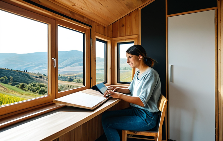 **
A woman in her late 20s, a digital nomad, sitting at a small, foldable desk inside a modern tiny house. Sunlight streams through a large window showing a scenic view of the Turkish countryside. She is wearing a modest, casual outfit suitable for work, fully clothed. The tiny house interior is minimalist, organized, and features clever storage solutions. Safe for work, appropriate content, professional photography, perfect anatomy, natural proportions. "Family-friendly" is included here, since the scene evokes peace and comfort of home.
**